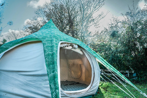 4m Tents - picture of a canvas, 4m bell tent with roof cover. Perfect 2 man tent with lots of standing room and superior quality. Lotus Belle